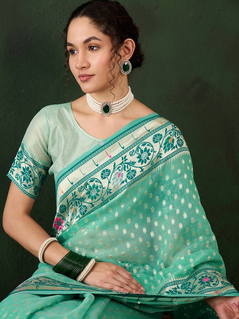 sea green Poly Cotton Jacquard Saree
