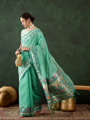 sea green Poly Cotton Jacquard Saree 3