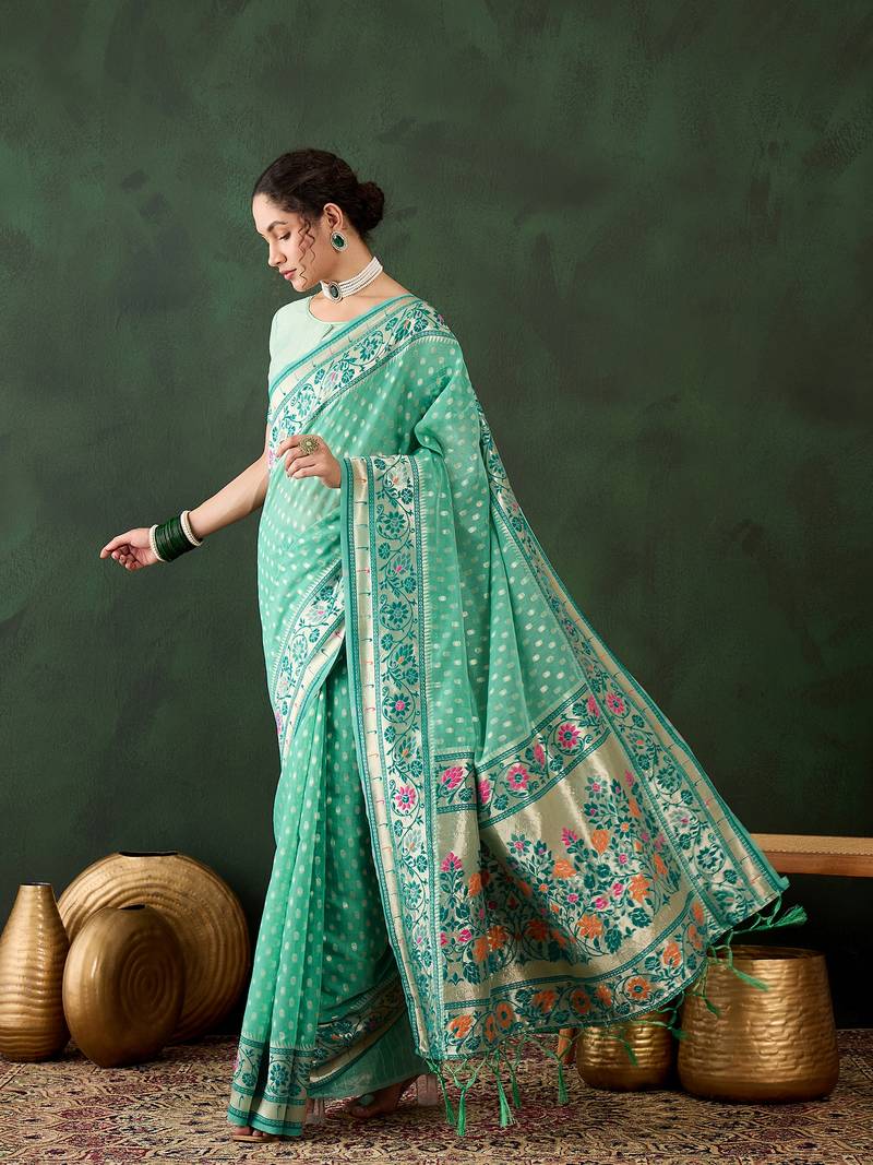 sea green Poly Cotton Jacquard Saree