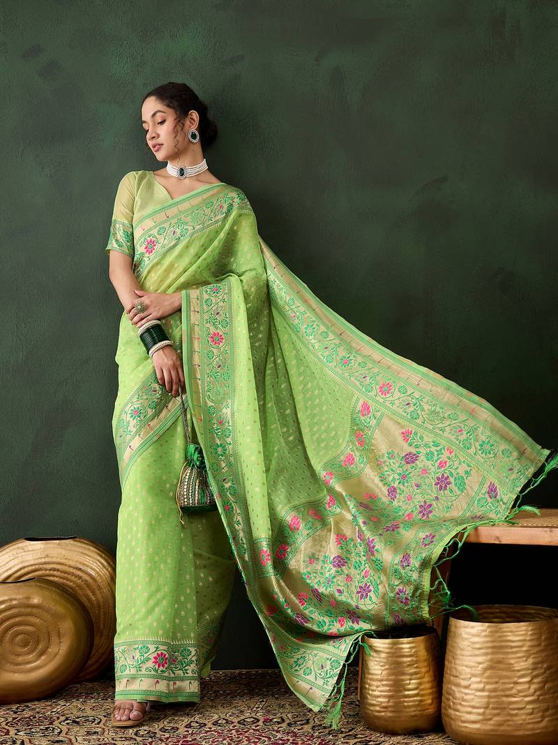 green Poly Cotton Jacquard Saree