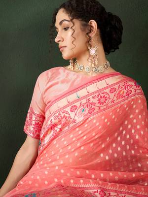 peach Poly Cotton Jacquard Saree 2