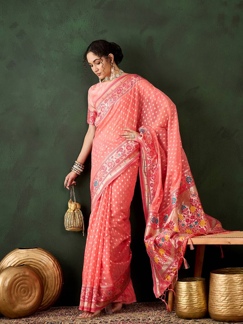 peach Poly Cotton Jacquard Saree