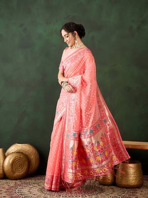 peach Poly Cotton Jacquard Saree 4