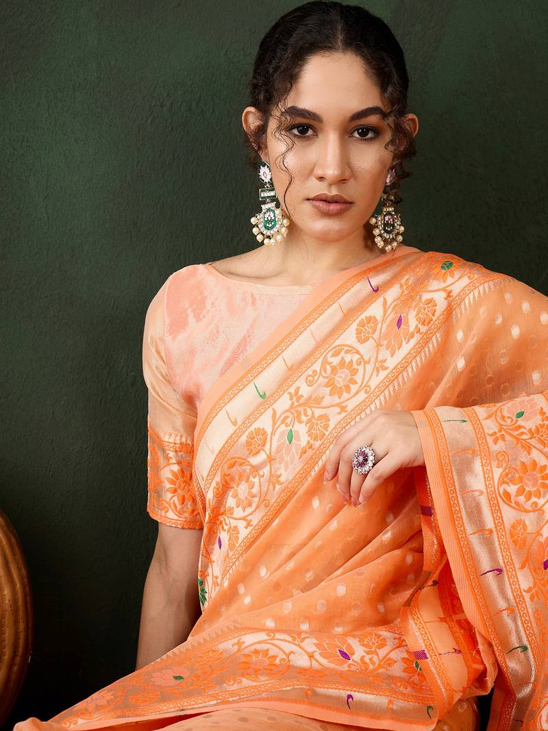 orange Poly Cotton Jacquard Saree