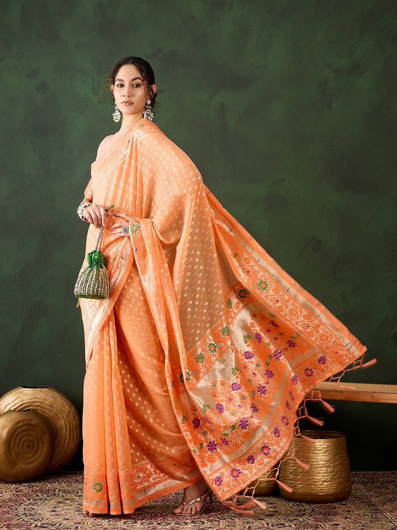orange Poly Cotton Jacquard Saree
