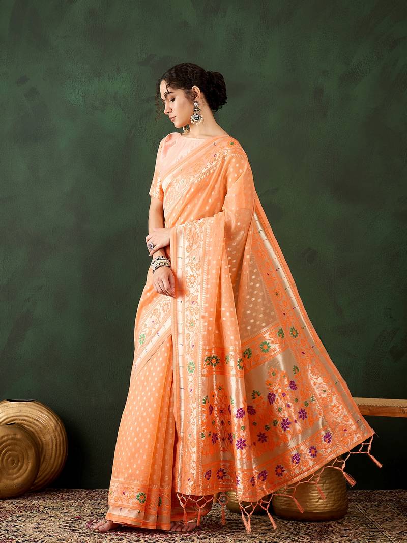 orange Poly Cotton Jacquard Saree