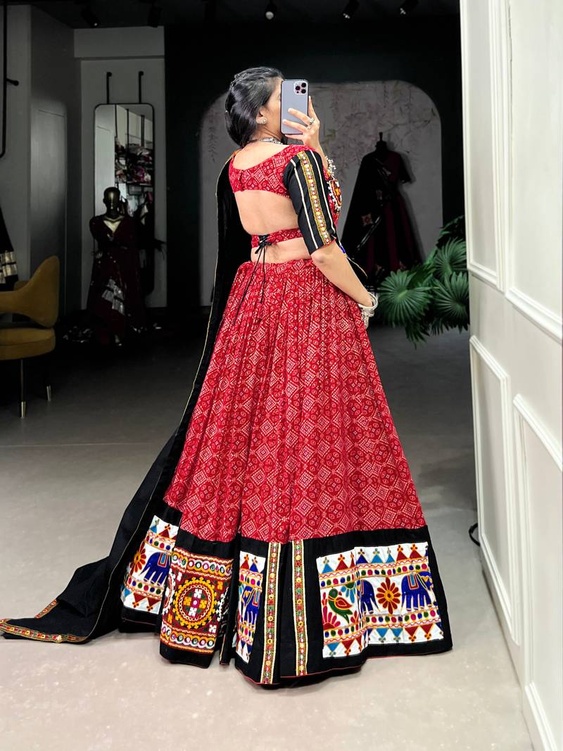 Red Bandhani Mirror Work Cotton Full Stitch Lehenga Choli 