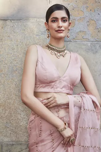  light pink silk embroiderd saree with sequins work