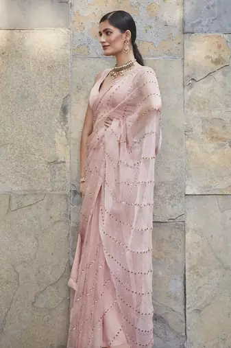  light pink silk embroiderd saree with sequins work