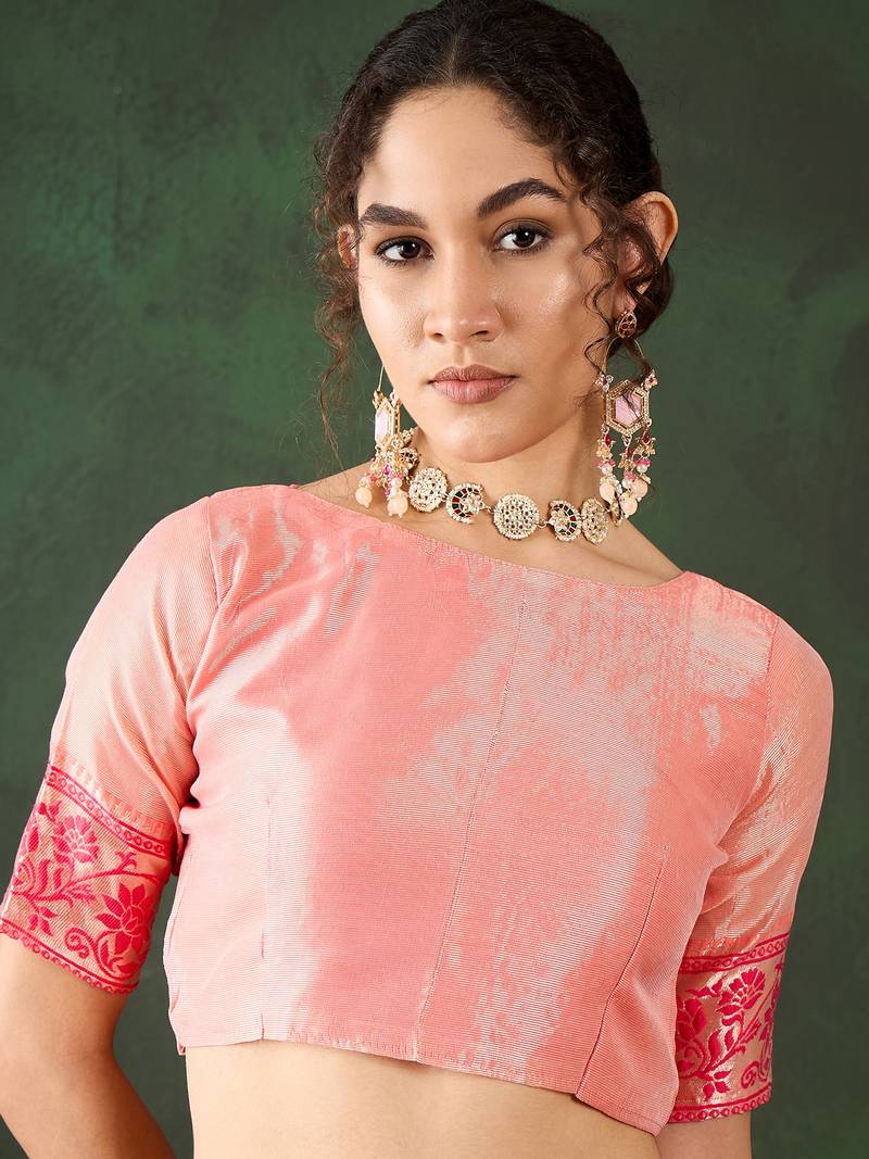 peach Poly Cotton Jacquard Saree