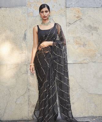 Black silk saree with squins embroidery 1