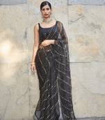 Black silk saree with squins embroidery