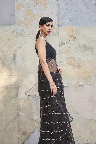 Black silk saree with squins embroidery