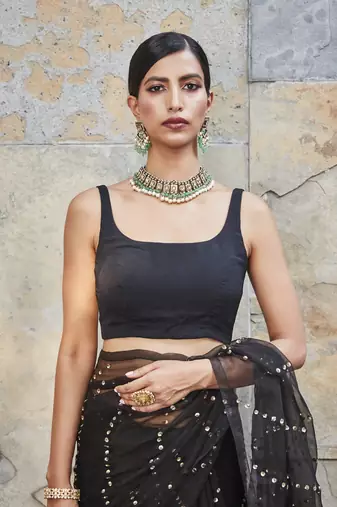 Black silk saree with squins embroidery