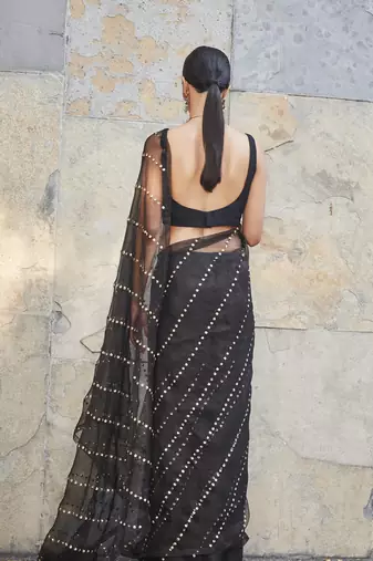 Black silk saree with squins embroidery