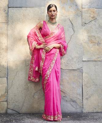 Fuschia pink silk zari woven embroidered saree 1