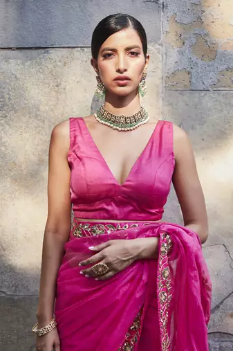 Fuschia pink silk zari woven embroidered saree