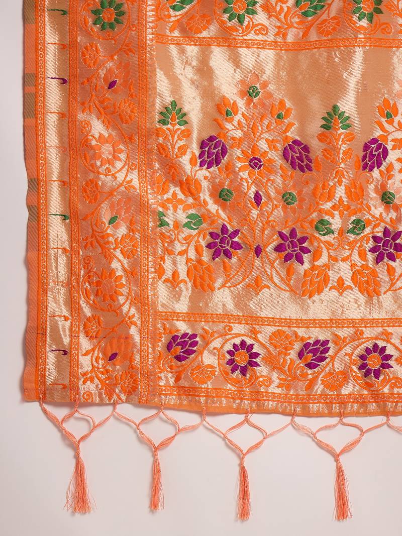 orange Poly Cotton Jacquard Saree