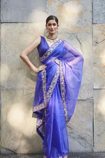  dark purple silk zari woven embroidered saree