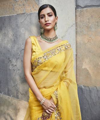 Yellow silk zari woven embroidered saree 2