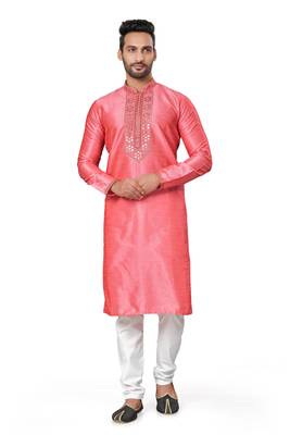 Pink silk with pintex work plain kurta for mens wear 2