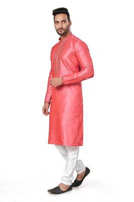 Pink silk with pintex work plain kurta for mens wear 3