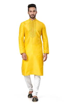 Yellow silk with pintex work plain kurta pajama for mens 1