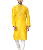 Yellow silk with pintex work plain kurta pajama for mens