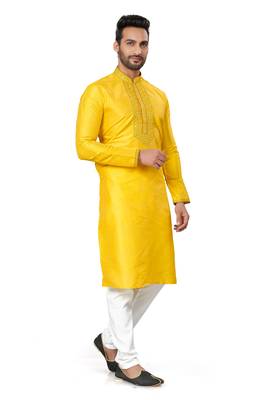 Yellow silk with pintex work plain kurta pajama for mens 2