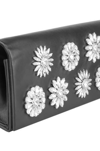 Noir black bloom embellished leather clutch