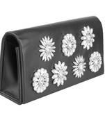 Noir black bloom embellished leather clutch