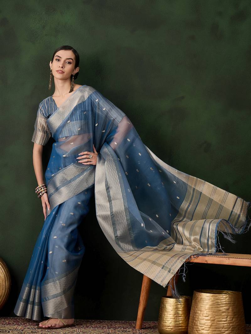 teal Khadi Organza Jacquard Saree 