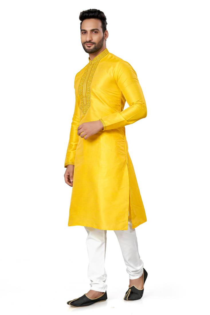 Yellow silk with pintex work plain kurta pajama for mens