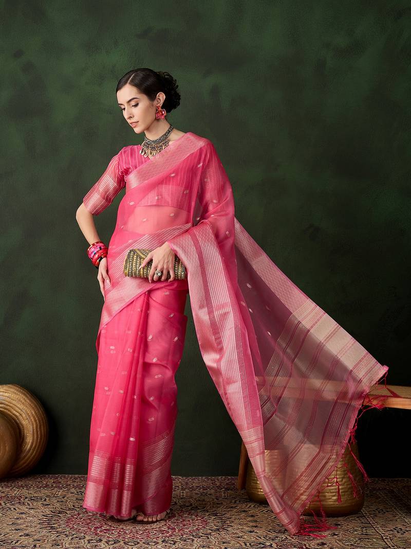 pink Khadi Organza Jacquard Saree 