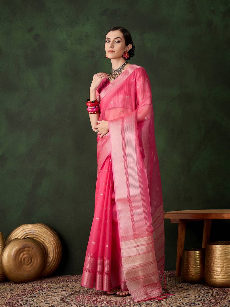 pink Khadi Organza Jacquard Saree 