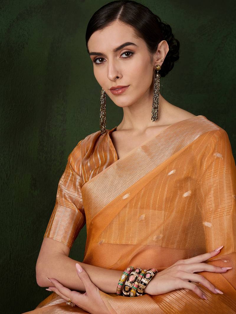 orange Khadi Organza Jacquard Saree 