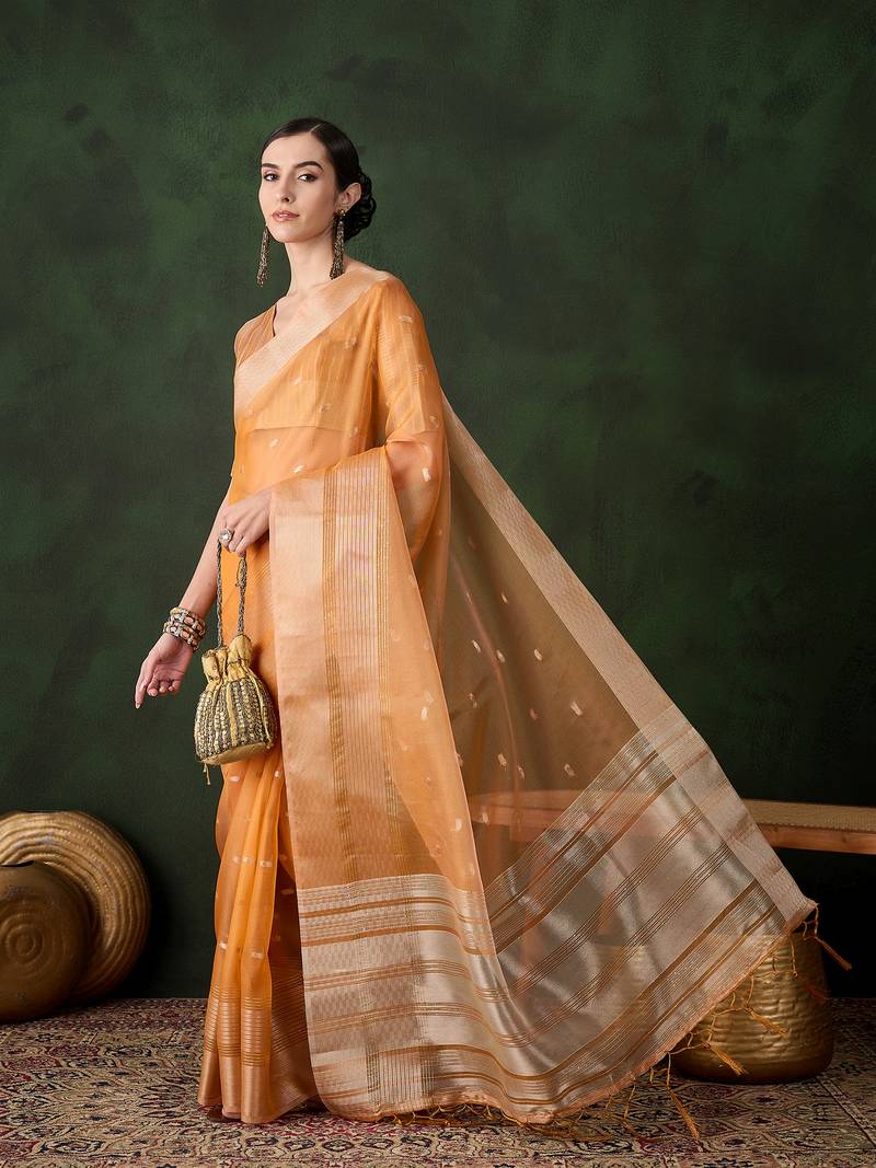 orange Khadi Organza Jacquard Saree 