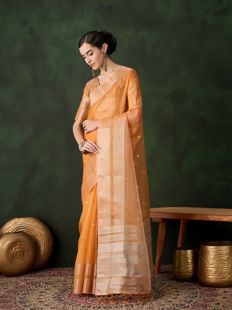 orange Khadi Organza Jacquard Saree 
