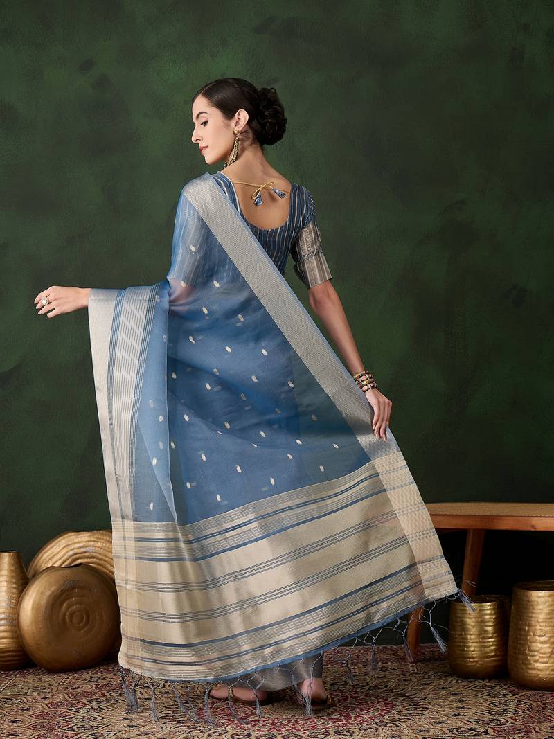 teal Khadi Organza Jacquard Saree 