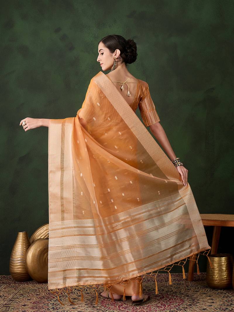 orange Khadi Organza Jacquard Saree 