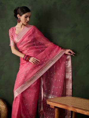 pink Khadi Organza Jacquard Saree  4