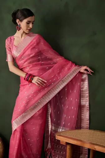 pink Khadi Organza Jacquard Saree 
