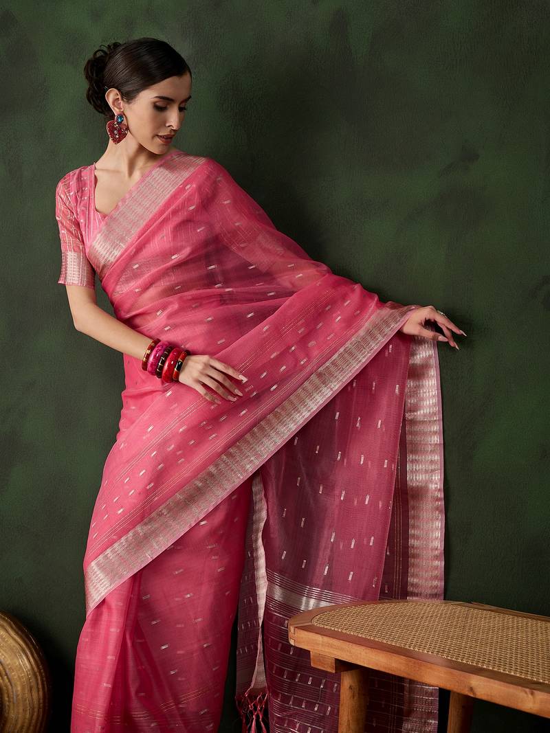 pink Khadi Organza Jacquard Saree 