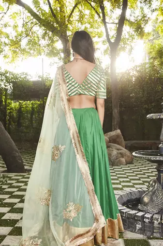 green silk plain Lehenga With Gota Border