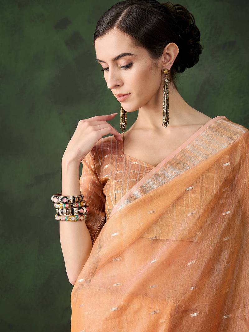 orange Khadi Organza Jacquard Saree 