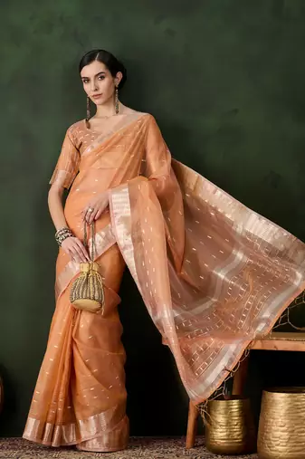 orange Khadi Organza Jacquard Saree 