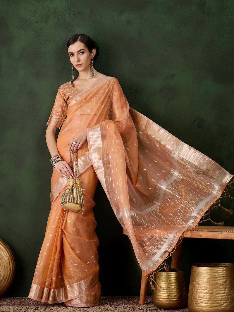 orange Khadi Organza Jacquard Saree 