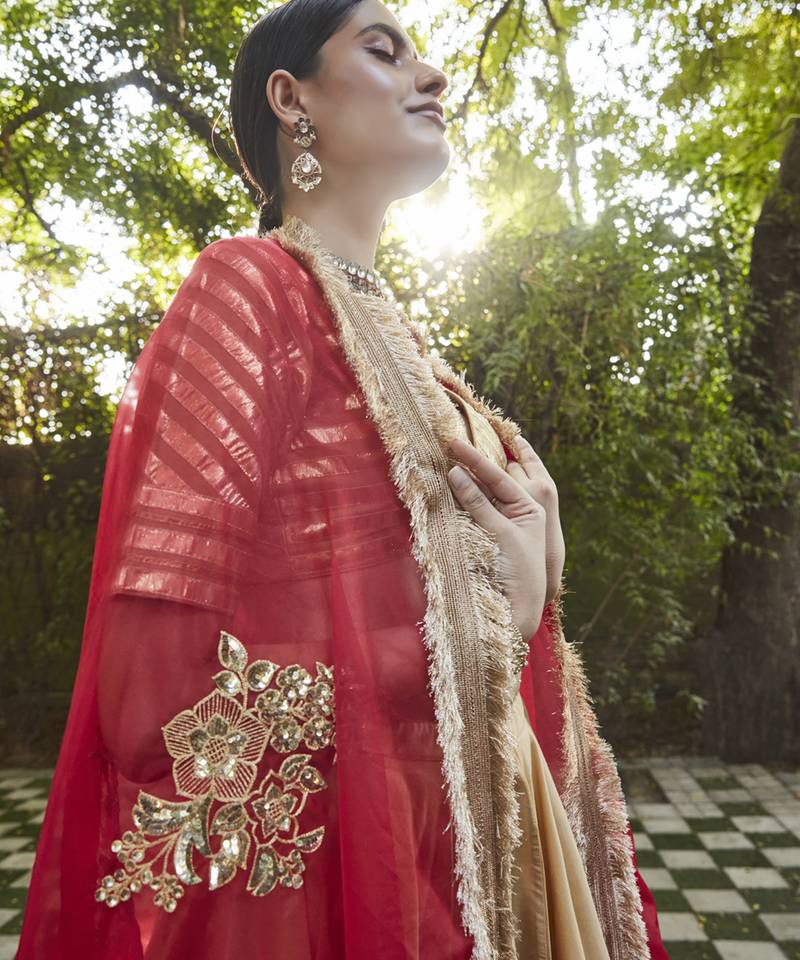 gold silk plain Lehenga With Gota Border