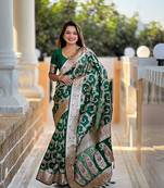 Green soft banarasi silk blend meenakari weaving saree with unstitched blouse