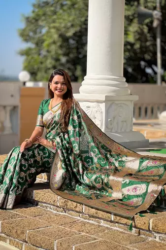 Green soft banarasi silk blend meenakari weaving saree with unstitched blouse